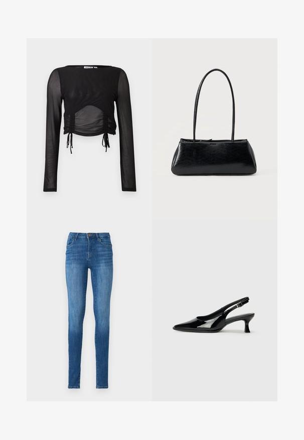 Zwart langslavgemiddeld cropped top met doorzichtig materiaal, geplooide details aan de zijkanten en verstelbare strikjes aan de onderrand. Soepele textuur over het geheel.; Skinny jeans van donkerblauwe denim, met een hoge taille, een vijf-pocket ontwerp, rechte pijpen en subtiele vervaging op de dijen.; Zwarte lakleren slingback schoenen met een spitse neus en een lage blokhak. Verstelbare gespband bij de enkel.; Zwarte rechthoekige schoudertas met lange dunne banden en een gladde, glanzende textuur op een effen achtergrond.