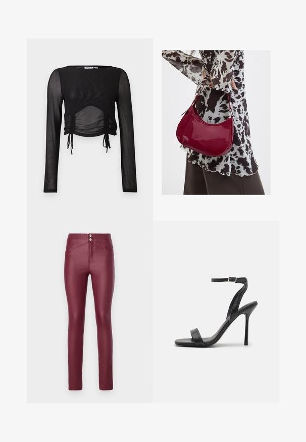 Top corto negro de manga larga con tela transparente, detalles fruncidos en los lados y lazos ajustables en el dobladillo. Textura suave en todo.; Pantalones skinny de imitación de cuero burdeos con cintura alta, presentan dos botones frontales, bolsillos frontales a inglete y una textura suave y brillante.; Sandalia negra de tacón alto con una correa delgada en el tobillo y dos bandas en la parte frontal. Hecha de cuero suave con una punta afilada y tacón de aguja.; Mujer con blusa de estampado en blanco y negro sosteniendo un bolso de hombro rojo brillante sobre un fondo liso.