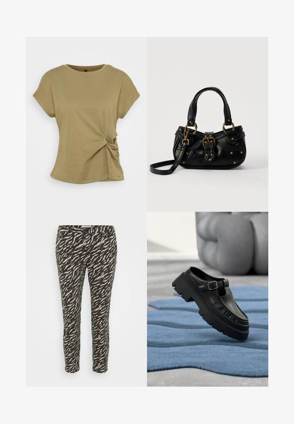 T-shirt vert olive à manches courtes avec un détail de nœud tordu à la taille. Fabriqué en coton doux, il présente un col rond.; Pantalons à motif noir et beige avec un design ondulé. Présentent une coupe ajustée et une fermeture par bouton à la taille. Fabriqués en tissu léger.; Mocassin en cuir noir avec semelle crantée épaisse et boucle argentée, positionné en angle sur un tapis bleu texturé.; Sac à main en cuir noir avec boucle dorée et détails à rivets, poignées courtes et bandoulière réglable sur fond blanc uni.