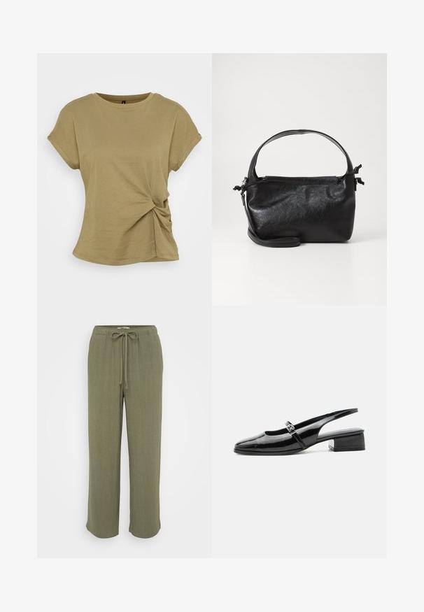 T-shirt vert olive à manches courtes avec un détail de nœud tordu à la taille. Fabriqué en coton doux, il présente un col rond.; ONLY Petite ONLSIESTA PULL UP - Pantalon classique - deep lichen green; Chaussure slingback en cuir verni noir avec un petit talon bloc et une fine bride avec une boucle argentée sur le dessus.; Sac à main en cuir noir au design structuré, avec une poignée arrondie et une bandoulière amovible. Présente une texture lisse et un éclat subtil.