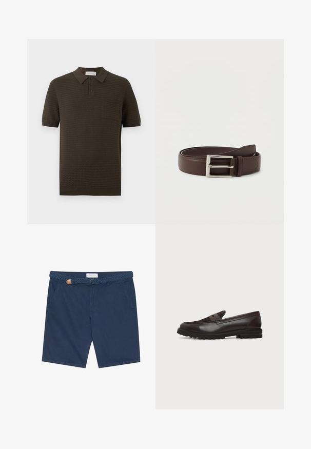 Donkerbruine polo met korte mouwen, een gestructureerd patroon, een drieknops sluiting, gebreide kraag en borstzak op een effen achtergrond.; Navyblauwe shorts van katoen, met een gevlochten riem met een accent van bruin leer, zijzakken en een rechte snit.; Donkerbruine leren en suède penny loafer met een dikke zwarte rubberen zool, zijaanzicht op een witte achtergrond.; Donkerbruin leren riem met een zilveren rechthoekige gesp, netjes opgerold op een eenvoudige witte achtergrond.