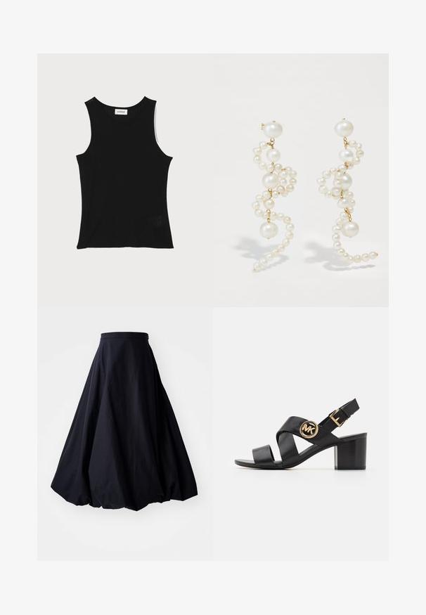 Top de tirantes negro acanalado con escote redondo y tirantes anchos, que presenta un acabado texturizado sutil y un pequeño detalle de malla en el dobladillo.; By Malene Birger AUBREY - Falda larga - black; Sandalia de cuero negra con correas entrelazadas y un logo redondo de MK. El tacón es de altura media, proporcionando estabilidad y un diseño elegante.; Pendientes de perlas blancas con un diseño retorcido, que presentan perlas de diferentes tamaños y acentos dorados. Textura suave y forma elegante.
