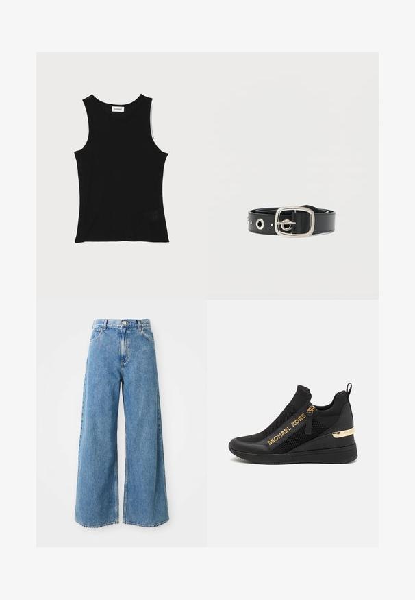 Zwarte geribbelde tanktop met een ronde halslijn en brede schouderbanden, met een subtiele textuurafwerking en een klein gaasdetail aan de zoom.; Hoge taille lichtblauwe wijde spijkerbroek met knoop aan de voorkant, ritsluiting en voorzakken op een witte achtergrond.; Zwarte sportieve sneaker met meshpanelen, gouden logodetails, slip-on ontwerp en een wiggenhak voor extra hoogte. Rubberen zool.; Zwarte leren riem met een glanzende zilveren gesp, voorzien van klinknagelaccenten en ronde gaatjes voor aanpassing. Glad oppervlak en eenvoudig ontwerp.