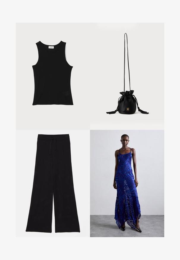 Zwarte geribbelde tanktop met een ronde halslijn en brede schouderbanden, met een subtiele textuurafwerking en een klein gaasdetail aan de zoom.; Zwarte, wijde broek gemaakt van mesh-stof met een trekkoord in de taille. De textuur is ademend en lichtgewicht, ideaal voor casual wear.; Blauwe en paarse dierenprint maxi jurk met dunne bandjes, een getailleerd bovenlijf, uitlopende zoom en een doorschijnende overlaydetail.; Zwarte bucketbag met trekkoord, lange dunne band en klein goudkleurig vierkant logo aan de voorkant, weergegeven tegen een eenvoudige achtergrond.