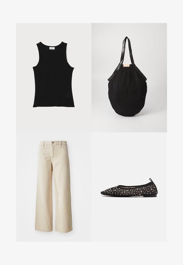 Mustassa ribbiversiossa tank topissa on pyöreä kaula-aukko ja leveät olkaimet, joissa on hienovarainen tekstuuripinta ja pieni verkkoyksityiskohta helmoissa.; Beige levele jeansit valmistettu denimpistä, joissa on korkea vyötärö, nappisulku, vyölenkit ja sivutaskut. Suora pinta ja rento istuvuus.; Musta litteä kenkä terävällä kärjellä, koristeltu erilaisilla metallinhohtoisilla kimalteilla, pehmeä kangasyläosa ja matala musta pohja.; Mustassa kudotussa kassi, jossa on soikea muoto, sileät kahvat ja teksturoitu verkkomainen muotoilu. Tunnus näkyvissä sivussa.