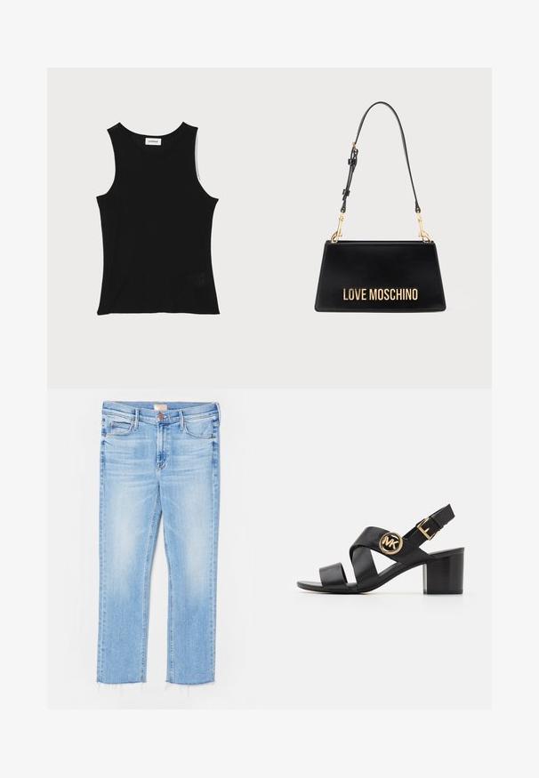 Sort ribbet tanktop med rund halsudskæring og brede skulderstropper, med en subtil struktureret finish og en lille mesh-detalje ved kanten.; Mother LIL MID RISE DAZZLER FRAY - Jeans Slim Fit - light blue; Sorte lædersandaler med krydssnor og et rundt MK-logo. Blokhælen har en mellemstor højde, som giver stabilitet og et elegant design.; Sort trapezformet håndtaske med justerbar rem og guld "LOVE MOSCHINO" logo på fronten mod hvid baggrund.