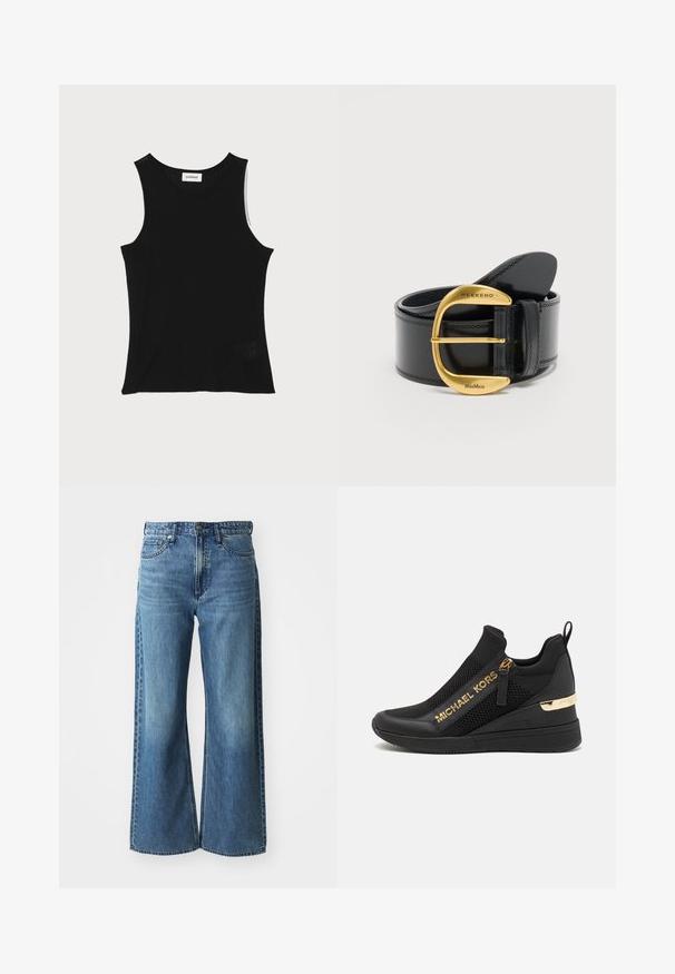 Zwarte geribbelde tanktop met een ronde halslijn en brede schouderbanden, met een subtiele textuurafwerking en een klein gaasdetail aan de zoom.; Wijdvallende blauwe spijkerbroek van denim met een middelhoge tailleband, vijf zakken en subtiele vervaging. Kenmerken zijn onder andere riemlussen en gestikte details.; Zwarte sportieve sneaker met meshpanelen, gouden logodetails, slip-on ontwerp en een wiggenhak voor extra hoogte. Rubberen zool.; Zwarte leren riem met grote gouden gesp gegraveerd met "WEEKEND" en "MaxMara," met nette stiksels langs de randen.