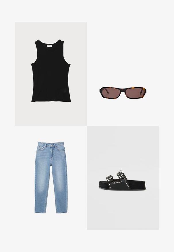 Schwarzes, geripptes Tanktop mit rundem Ausschnitt und breiten Trägern, das eine subtile Texturierung und ein kleines Netzdetail am Saum aufweist.; Hellblaue Jeans mit geradem Schnitt, fünf Taschen und einem Front-Reißverschluss. Der Stoff zeigt eine leichte Ausbleichung und eine glatte Textur.; Schwarze Slide-Sandale mit doppelten Schnallen, genoppten Akzenten und einem strukturierten Material. Verfügt über eine flache Sohle und eine robuste Konstruktion.; Rechteckige Schildpatt-Sonnenbrille mit dunkelbraunen Gläsern und schlanken Bügeln, vor weißem Hintergrund dargestellt.