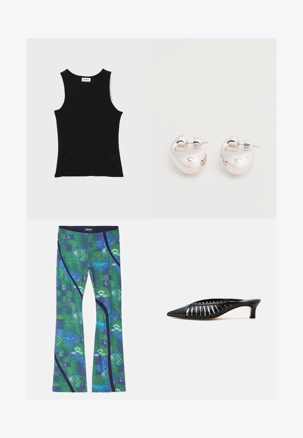 Débardeur noir à côtes avec un encolure ronde et de larges bretelles, présentant une finition texturée subtile et un petit détail en mesh au bas.; Leggings en tissu extensible multicolore avec des motifs verts et bleus, des formes géométriques et des accents bleu foncé sur les côtés.; Mule en cuir noir avec bout pointu, design découpé à brides et petit talon kitten sur fond blanc.; Paire de boucles d'oreilles argentées brillantes et épaisses avec fermoirs à tige, sur fond blanc uni.