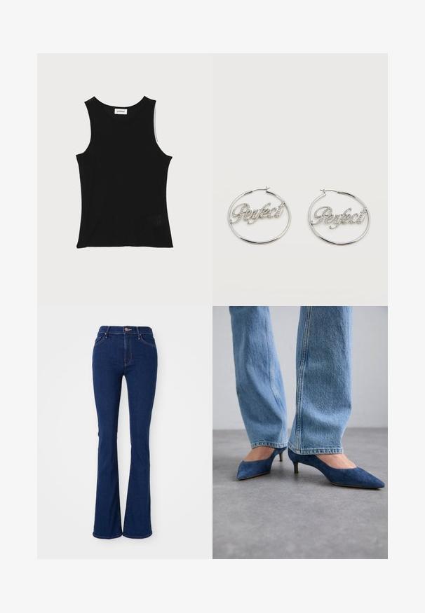 Zwarte geribbelde tanktop met een ronde halslijn en brede schouderbanden, met een subtiele textuurafwerking en een klein gaasdetail aan de zoom.; Uitlopende donkerblauwe jeans van katoen denim, hoog in de taille met vijf zakken, subtiele stikdetails en een gladde afwerking.; Blauwe suède kittenheels met spitse neuzen en een lage hak, gecombineerd met lichtblauwe denim jeans met een rechte pasvorm.; Zilveren oorringen met het woord "Perfect" gespeld in strass steentjes binnenin elke ring, op een witte achtergrond.