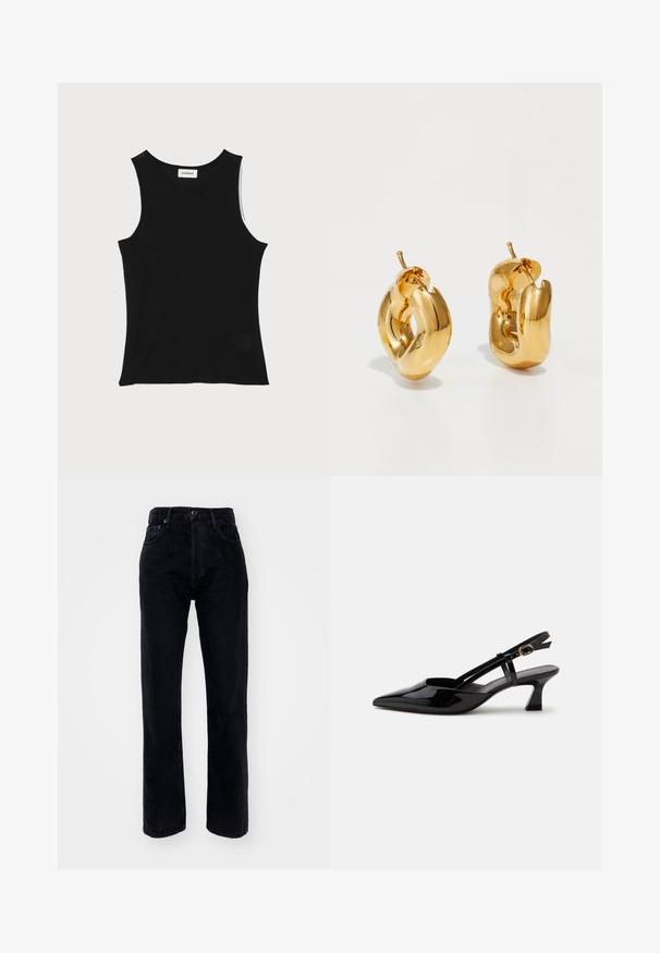 Sort ribbet tanktop med rund halsudskæring og brede skulderstropper, med en subtil struktureret finish og en lille mesh-detalje ved kanten.; Sorte denim jeans med høj talje og lige ben, der har fem lommer, bæltestropper og en knaplukning i taljen.; Sort laklæderslingback med lille hæl, spids tå og justerbar guldlåsrem på hvid baggrund.; Chunky guld hoop øreringe med et let snoet, rørformet design og postsystem bagpå, på en hvid baggrund.