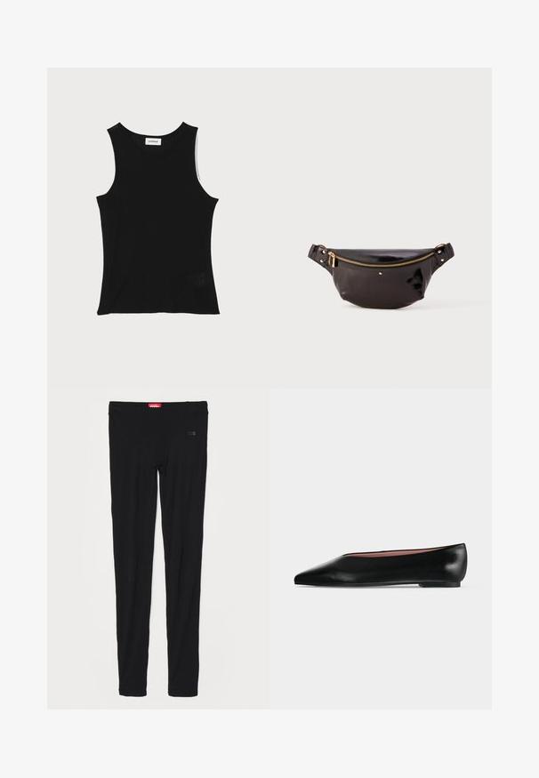 Zwarte geribbelde tanktop met een ronde halslijn en brede schouderbanden, met een subtiele textuurafwerking en een klein gaasdetail aan de zoom.; Zwarte legging van gladde stof, met een hoge tailleband en subtiele branding aan de voorkant. De legging heeft een slanke, aansluitende pasvorm.; Zwarte leren damesschoen met platte zool, puntige neus en lage hak, zijwaarts afgebeeld tegen een effen lichtgrijze achtergrond.; Zwarte, glanzende leren heuptas met een gebogen ontwerp, gouden ritsaccent, verstelbare band en kleine decoratieve hardware.