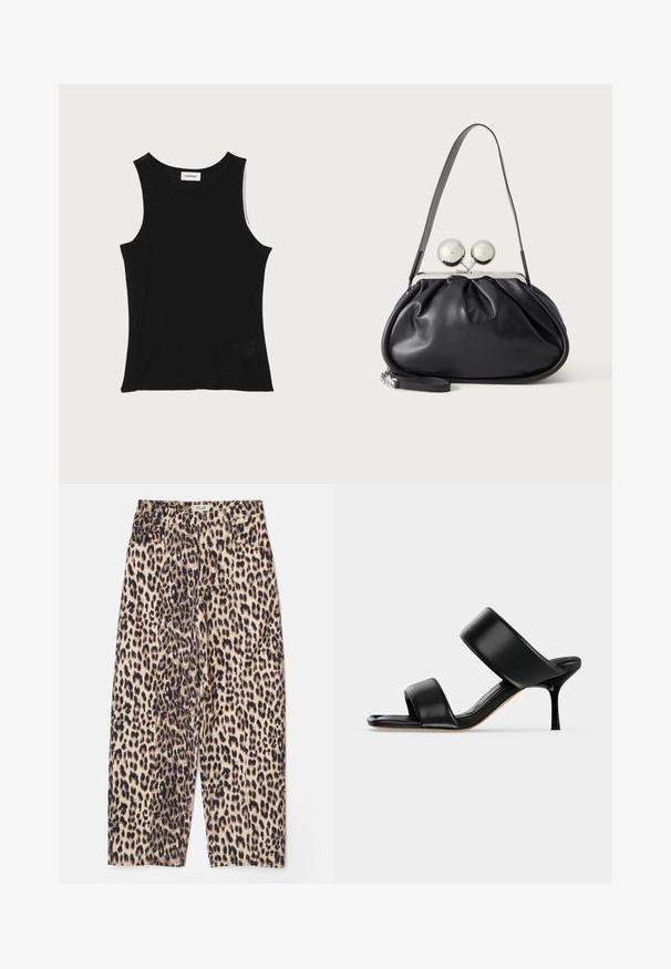 Zwarte geribbelde tanktop met een ronde halslijn en brede schouderbanden, met een subtiele textuurafwerking en een klein gaasdetail aan de zoom.; Leopardprint broeken in beige en zwart, met een relaxte pasvorm, textiel stof en vier zakken met een tailleband.; Zwarte leren mule sandaal met twee brede banden en een slanke, middelhoog stilettohak op een effen lichte achtergrond.; Zwarte leren handtas met een geplooid ontwerp, een enkele schouderband, zilverkleurige metalen omlijsting en twee grote ronde zilveren sluitingen.