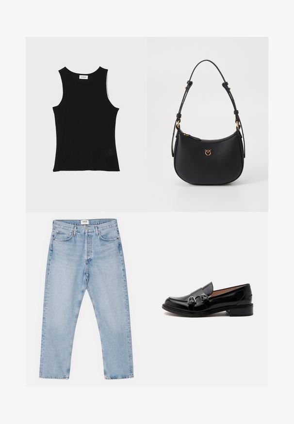 Sort ribbet tanktop med rund halsudskæring og brede skulderstropper, med en subtil struktureret finish og en lille mesh-detalje ved kanten.; Lysblå denimjeans med en klassisk lige skåret ben, fem lommer og knaplukning, der har en subtil falmet effekt og en robust tekstur.; Sort skinnende læderloafer med dobbelte sølvspænder og lav hæl, vist fra siden på hvid baggrund.; Sort læder skuldertaske med en buet form, guldfarvet hardware og lynlåslukning. Har et dekorativt logo på forsiden.