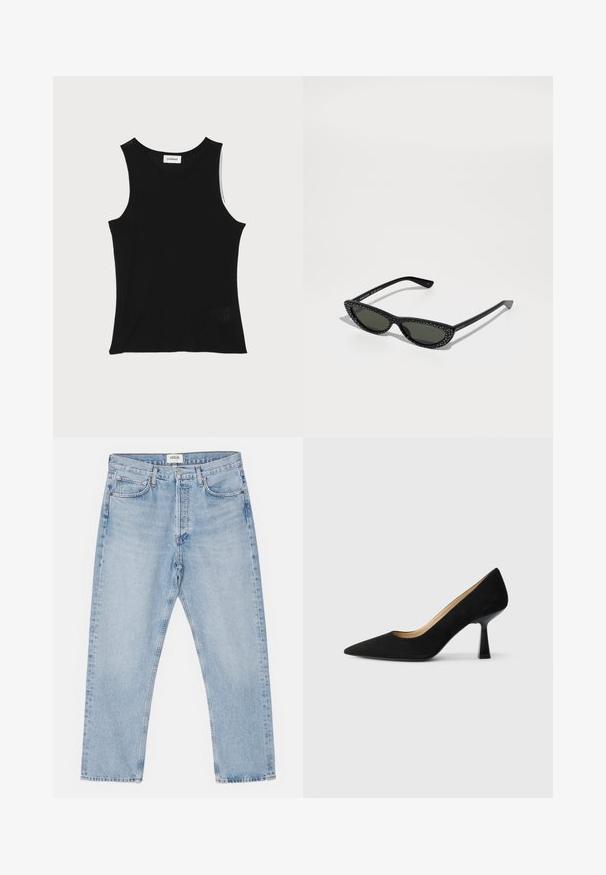 Zwarte geribbelde tanktop met een ronde halslijn en brede schouderbanden, met een subtiele textuurafwerking en een klein gaasdetail aan de zoom.; Lichtblauwe denim jeans met een klassieke rechte pasvorm, vijf zakken en een knoopsluiting, met subtiele vervaging en een stevige textuur.; Zwarte suède high-heeled pump met een spitse neus, voorzien van een glanzende zwarte blokhak en een gladde binnenvoering.; Zwarte cat-eye zonnebril met donkere lenzen en kleine zilveren studs langs de randen van het frame, weergegeven op een witte oppervlakte.