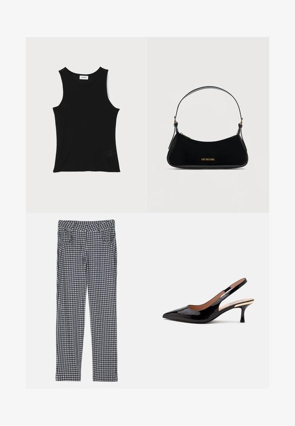 Schwarzes, geripptes Tanktop mit rundem Ausschnitt und breiten Trägern, das eine subtile Texturierung und ein kleines Netzdetail am Saum aufweist.; Hosen im Schachbrettmuster, bestehend aus einer Mischung aus Schwarz, Weiß und Grau. Mit einer taillierten Silhouette und frontalen Taschen entworfen.; Schwarzer Lackleder Slingback-Pumps mit spitz zulaufender Kappe und niedrigem Katzenabsatz auf weißem Hintergrund.; Schwarze Umhängetasche aus Lackleder mit geschwungener Form, goldfarbenem "LOVE MOSCHINO"-Logo vorne und verstellbarem Riemen mit goldfarbenen Beschlägen.