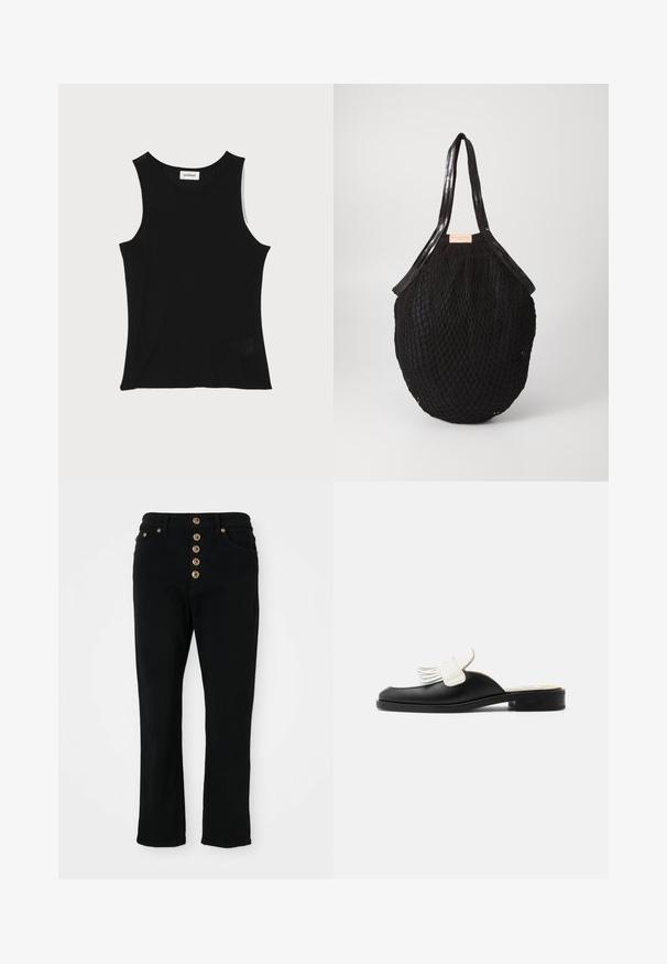 Sort ribbet tanktop med rund halsudskæring og brede skulderstropper, med en subtil struktureret finish og en lille mesh-detalje ved kanten.; Sorte denimjeans med en tætsiddende pasform, der har høj talje og en lynlås med fem knapper. Inkluderer to frontlommer og hardware i guldfarve.; Sort lædermule med lav hæl og hvid frynsedetalje på overdelen, slip-on stil.; Sort vævet tote taske med en oval form, prydet med glatte håndtag og et tekstureret netlignende design. Etiketten er synlig på siden.