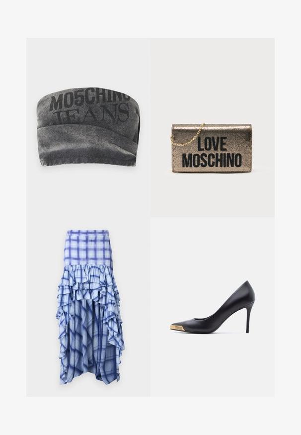 Mustmustest mustband koos tekstuurne viimistlus ja trükitud "MO5CHING JEANS" paksus. Omab sujuvat kõverat disaini ja õmblustega ääri.; Sinine ruuduline seelik kihiliste volangidega, millel on erinevad sinise tooni varjundid ning sinise ja valge ruuduline muster. Kerged kangas, pahklubi pikkune disain.; Mustast nahast kõrgete kontsadega king, terava varbaga, kullast metallist otsaga, millele on graveeritud "Versace Jeans Couture", nähtav küljelt valgel taustal.; Metallist kuldne käekott ahelrihmaga. Esiküljel julge musta tekstiga "LOVE MOSCHINO". Sile tekstuur, ristkülikukujuline.