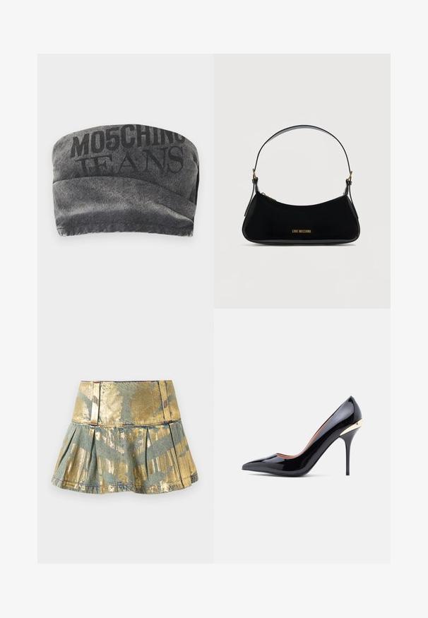Sort denim bandeau med en tekstureret overflade og trykt "MO5CHING JEANS" i fed skrift. Har et glat kurvet design og stikninger i kanterne.; Gul og teal plisseret denimnederdel med en blank overflade, der har en tætsiddende talje og kontrasterende syninger.; Sort laklæder højhælet sko med spids tå og en gulddetalje ved hælen. Glat tekstur og slank silhuet.; Sort skuldertaske i laklæder med buet form, guld "LOVE MOSCHINO" logo på forsiden og justerbar rem med gulddetaljer.