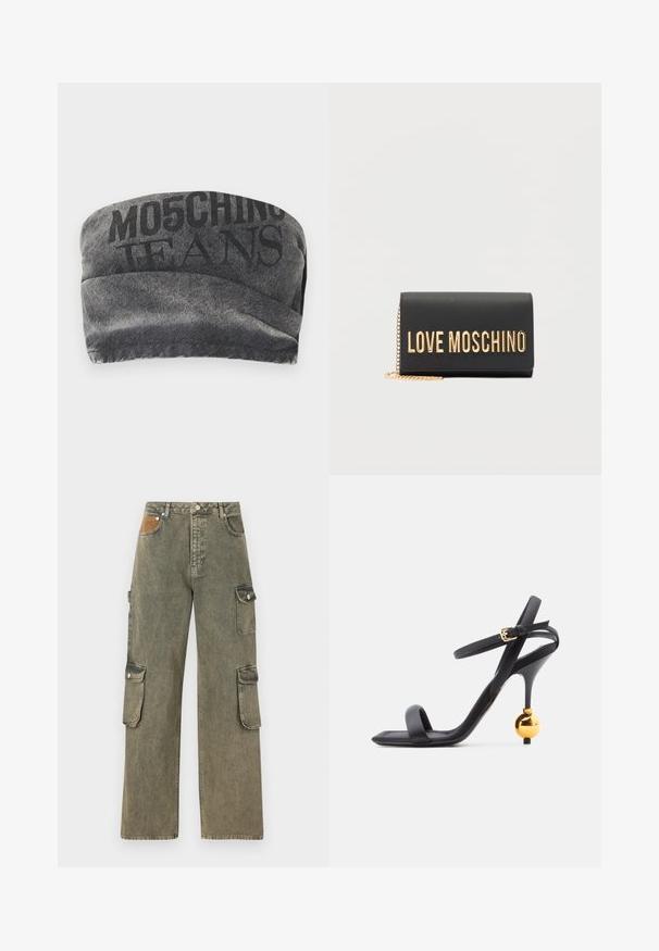Mustavilla denim bandeau, jossa on tekstuuripinta ja painettu "MO5CHING JEANS" paksuilla kirjaimilla. Ominaisuudet: sileä kaarimuotoilu ja ommellut reunat.; Harsohiam pants harma-viher denimista, joissa on korkea vyötärö, leveät lahkeet, kaksi sivukokki-taskua ja struktuuroitu vaalea ruskea kangaspala edessä.; Musta korkokengän sandaali ohuella nilkkaremillä ja ainutlaatuisella kultaisella pallokoristeisella korolla, jossa on neliömäinen varvasosa.; Musta suorakaiteen muotoinen clutch-laukku, jossa on kultainen ketjuhihna ja suuri kultainen "LOVE MOSCHINO" -teksti etutapissa.