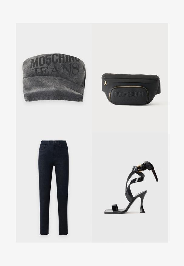 Sort denim bandeau med en tekstureret overflade og trykt "MO5CHING JEANS" i fed skrift. Har et glat kurvet design og stikninger i kanterne.; Mørkeblå denim bukser med lige ben, featuring en knaplukning, fem lommer og subtile stikninger.; Sorte patentlæder højhælede sandal med firkantet tå, ankelrem og guldlås på hvid baggrund.; Sort Moschino bæltetaske med guldfarvede lynlåse og præget logo med teksten "LOVE MOSCHINO Made with love" på frontlommen.