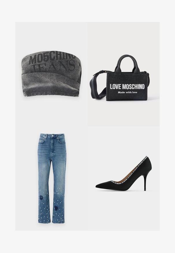 Bandeau de mezclilla negra con un acabado texturizado y la impresión "MO5CHING JEANS" en negrita. Presenta un diseño de curva suave y bordes cosidos.; Vaqueros de mezclilla azul con cintura alta, ajuste recto, adornados con perlas blancas y símbolos de paz y corazón cerca del dobladillo.; Zapato de tacón alto puntiagudo negro con tacón de aguja y adorno de texto "LOVE MOSCHINO" a lo largo del borde de la abertura, vista lateral sobre fondo blanco.; Bolso rectangular negro con asas cortas y correa de hombro ajustable, con texto blanco "LOVE MOSCHINO Made with love" en el frente.