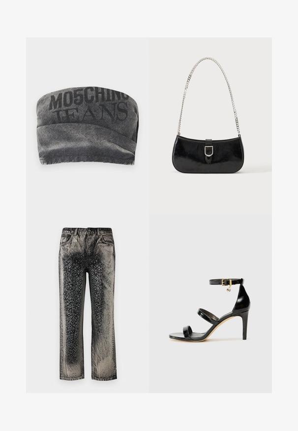 Mustmustest mustband koos tekstuurne viimistlus ja trükitud "MO5CHING JEANS" paksus. Omab sujuvat kõverat disaini ja õmblustega ääri.; Mustmust ja hallid teksapüksid, millel on täpikujuline, graadi kadumise muster ja peen geomeetriline disain ees ja külgedel.; Must musta nahk sandaal kolme rihmaga, pahkluu vööga ja 4-tollise stilettakontsaga. Omab kuldset detaili ja logovõtit.; Mustast lakknahast õlakott, millel on hõbedane pandla detail ja hõbedane kettrihm, kuvatud ühevärvse hele tausta ees.