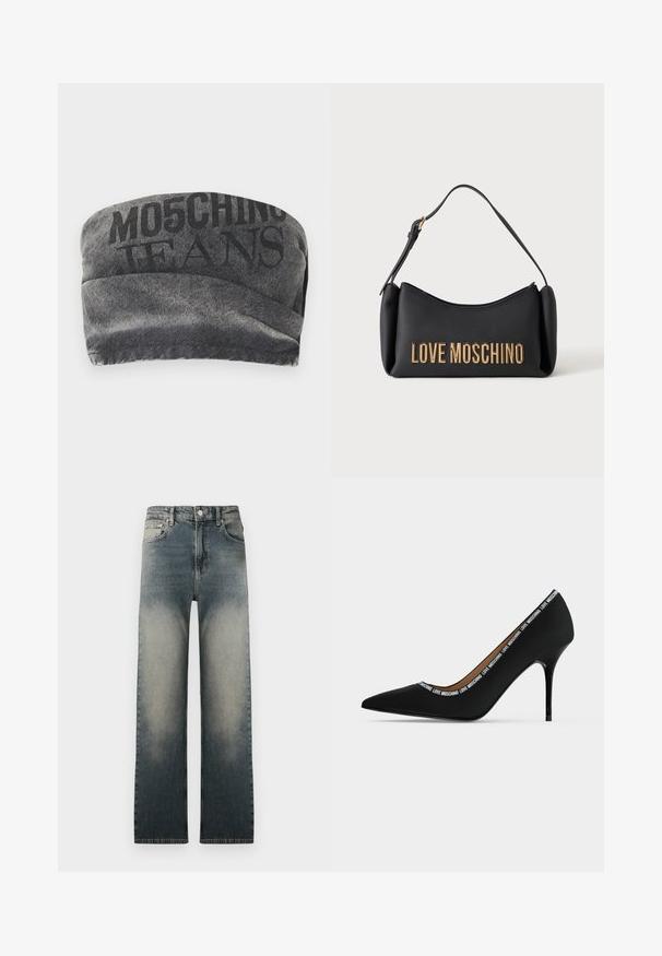 Čierny denimový bandeau s textúrovaným povrchom a vytlačeným nápisom "MO5CHING JEANS" v tučnom písme. Obsahuje hladký zakrivený dizajn a prešité okraje.; Džínsy s vysokým pásom a rovnými nohavicami, s bledým a tmavým denimovým umývaním a klasickým dizajnom s piatimi vreckami.; Čierna špicatá vysoká topánka s ihličkovým opätkom a textovou lemovkou "LOVE MOSCHINO" pozdĺž okraja otvoru, bočný pohľad na bielom pozadí.; Čierna kabelka Moschino so zlatým nápisom a krátkym ramenným remienkom na bielom pozadí.