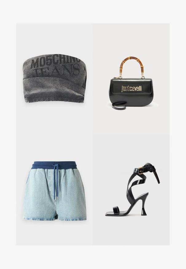 Sort denim bandeau med en tekstureret overflade og trykt "MO5CHING JEANS" i fed skrift. Har et glat kurvet design og stikninger i kanterne.; Lyst blå denim shorts med en elastisk marineblå talje. Har en snøre med sølvmetal spidser og et afslappet pasform design.; Sorte patentlæder højhælede sandal med firkantet tå, ankelrem og guldlås på hvid baggrund.; Sort læderhåndtaske med guld "Just Cavalli"-logo foran og buet bambushåndtag, med aftagelig lang rem.