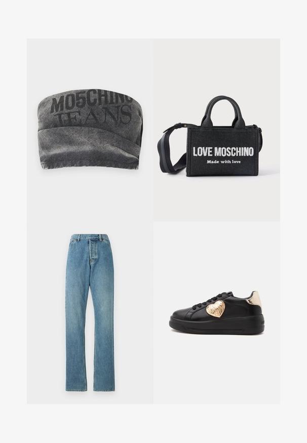Sort denim bandeau med en tekstureret overflade og trykt "MO5CHING JEANS" i fed skrift. Har et glat kurvet design og stikninger i kanterne.; Lyseblå denim jeans med lige ben-design, fem lomme-stil og en synlig talje. Teksturen er let slidt, men intakt.; Sort sneaker med tyk sål, detalje af guldmetal hjerte på siden, guld hælkappe og sorte snørebånd på en ensfarvet lys baggrund.; Sort rektangulær håndtaske med korte håndtag og justerbar skulderrem, med hvid tekst "LOVE MOSCHINO Made with love" foran.