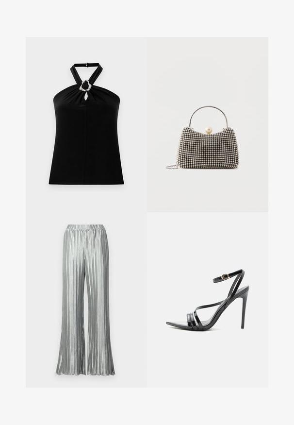 Top noir à col licou avec boucle circulaire argentée et détail œillet au centre devant, tissu lisse, coupe ajustée.; Pantalon large plissé argenté avec une taille élastique, présentant une brillance métallique et une silhouette fluide. Surface texturée partout.; Sandale noire à talon haut avec de fines brides sur les orteils et la cheville, avec une boucle dorée sur un talon aiguille élancé.; Petit sac à main avec motif à carreaux argenté, poignée incurvée, grande fermeture à perle et une fine bandoulière en chaîne argentée sur un fond uni.