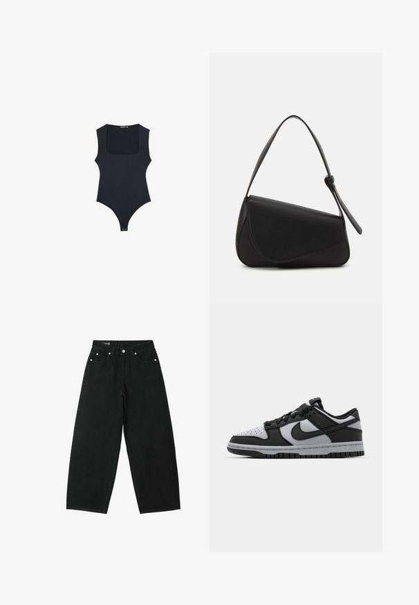 Schwarzer Body mit quadratischem Ausschnitt, ärmellosem Design und String-Rücken. Hergestellt aus glattem, elastischem Stoff. Verfügt über einen Druckknopfverschluss am Boden.; Schwarze Jeans mit weitem Bein, vorne mit Knopf und Reißverschluss, zwei Vordertaschen und Gürtelschlaufen.; Schwarze und graue Nike Dunk Low-Top-Sneaker mit perforierter Zehenpartie, glatten Lederakzenten und Gummisohle mit strukturiertem Profil.; Schwarze Lederhandtasche mit dreieckiger Form, schrägem Klappdeckel und rundem Oberhandgriff. Verfügt über eine glatte Textur und minimalistische Designdetails.