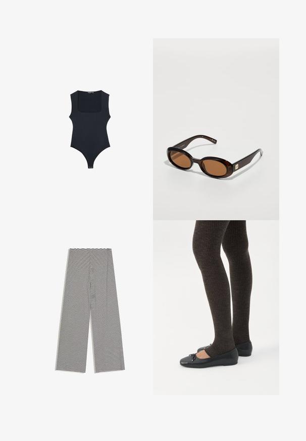 Sort bodysuit med firkantet udskæring, ærmeløs design og thong bag. Fremstillet af glat, strækbart stof. Har knaplukning i bunden.; Stribede bukser med vide ben i sort og hvid farve, med lodrette striber, en glat tekstur og et afslappet, flydende design.; Ben iført mørke ribbede leggings kombineret med sorte balletsko med små sløjfedetaljer på hvid baggrund.; Brune skildpadde-solbriller med ovale linser, der har en tynd stel og en lille metalaccent på siden. Struktureret og poleret overflade.