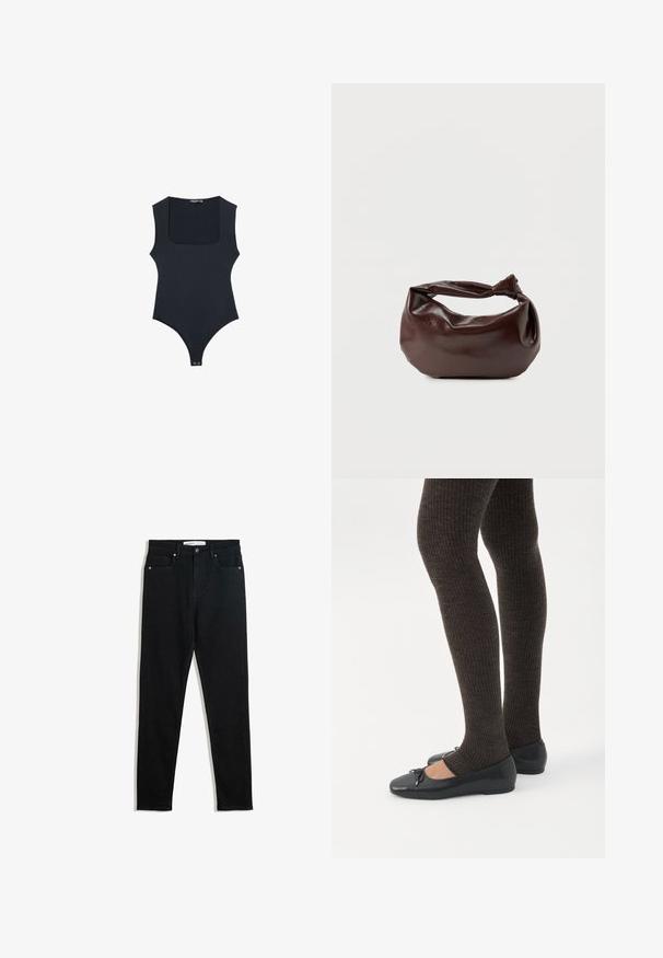 Zwart bodysuit met een vierkante halslijn, mouwloos ontwerp en string achterkant. Gemaakt van glad, rekbaar materiaal. Voorzien van drukknoopsluiting onderaan.; Zwarte denimjeans met een slanke pasvorm, vijf pocketontwerp, metalen hardware en een rits. Soepele textuur met een lichte stretch.; Benen met donkere geribbelde leggings gecombineerd met zwarte ballerina's met kleine strikdetails op een witte achtergrond.; Donkerbruine leren schoudertas met een zachte, slungelige vorm en een gedraaide knoopvormige handgreep op een effen witte achtergrond.