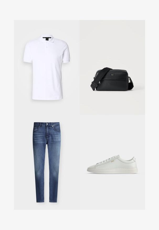 Polo shirt blanc en coton avec manches courtes, un col et une patte de boutonnage à trois boutons. Détail de logo subtil sur la poitrine. Texture lisse.; Jean slim fit bleu en denim pour homme avec style classique à cinq poches et légère décoloration aux cuisses et aux genoux, fermeture par bouton et zip.; Baskets basses blanches en cuir avec lacets, semelle plate et petit logo doré "BOSS" sur le côté, vues de l'extérieur.; Sac bandoulière en cuir noir texturé avec poche avant zippée et bandoulière large en tissu réglable sur fond blanc.