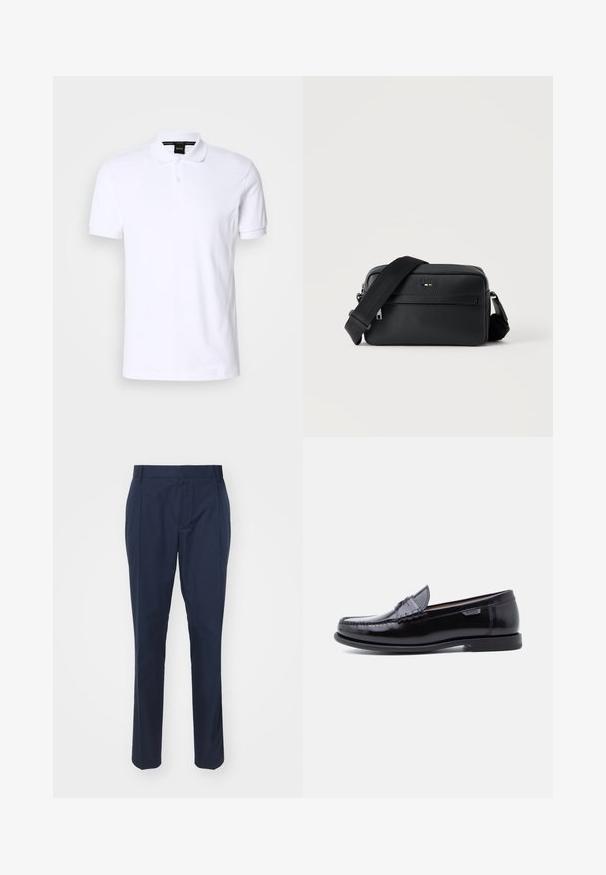 Polo shirt blanc en coton avec manches courtes, un col et une patte de boutonnage à trois boutons. Détail de logo subtil sur la poitrine. Texture lisse.; Pantalon bleu marine en tissu lisse, à coupe ajustée, avec deux poches avant et un pli le long de chaque jambe pour un look élégant.; Mocassins en cuir noir avec une finition brillante, présentant un motif cousu sur l'avant-pied et une semelle en caoutchouc noire texturée et basse.; Sac bandoulière en cuir noir texturé avec poche avant zippée et bandoulière large en tissu réglable sur fond blanc.