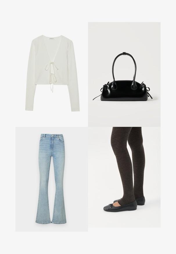 Witte geribbelde crop top met lange mouwen, diepe V-halslijn en trekkoord aan de voorkant. Zachte textuur met subtiele patronen.; Lichtblauwe flared jeans van denim, met een hoge taille, standaard vijf-pocket ontwerp en schone zomen. Glad textuur, minimale details.; Benen met donkere geribbelde leggings gecombineerd met zwarte ballerina's met kleine strikdetails op een witte achtergrond.; Kleine zwarte glanzende handtas met twee lange hengsels en zijkant trekkoord details op een effen lichte achtergrond.