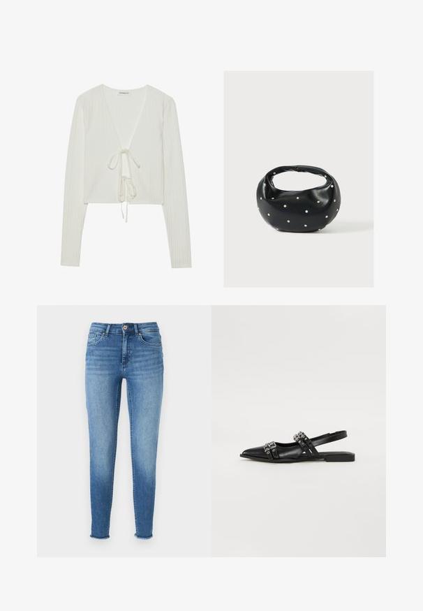 Biely rebrovaný crop top s dlhými rukávmi, hlbokým V-výstrihom a šnúrkou na uviazanie vpredu. Mäkká textúra so subtílnym vzorom.; Svetlo modré úzke džínsy s vyblednutým umývaním, vyrobené z denimu. Obsahujú štyri vrecká, pútka na opasok a rozstrapkané lemy na členkoch.; Even&Odd by Zalando Balerínky na šnúrky - black; Čierna kožená kabelka s zaobleným tvarom, zdobená striebornými cvočkami a krátkym rúčkou. Hladká textúra a zapínanie na zips.