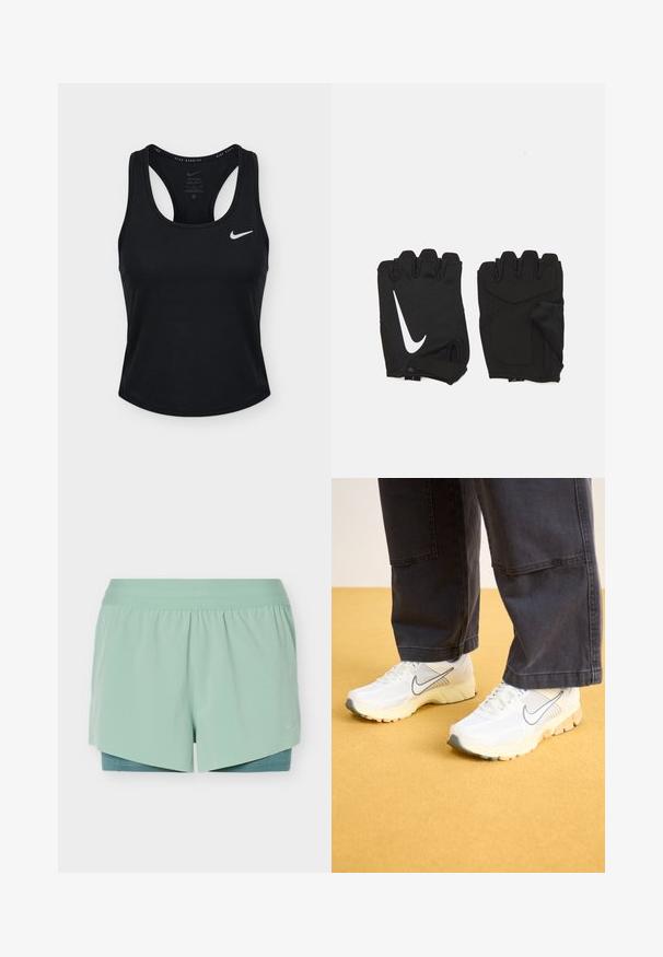Camiseta sin mangas negra para correr Nike Dri-FIT con espalda racer y logo blanco de Nike en el pecho izquierdo.; Pantalones cortos deportivos en tono verde menta con capa superpuesta, cintura ancha y capa interior de compresión visible debajo de la tela exterior.; Zapatillas deportivas blancas con materiales de malla y sintéticos, con un logo gris, suela texturizada y acentos beige, combinadas con pantalones oscuros.; Guantes de gimnasio sin dedos en color negro, hechos de un tejido transpirable, con un logo de Nike blanco, palmas acolchadas y un diseño de muñeca abierta para mayor flexibilidad.