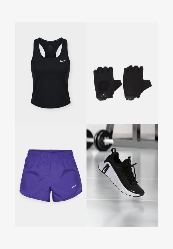 Čierne bežecké tielko Nike Dri-FIT bez rukávov s racerbackom a bielym logom Nike na ľavej strane hrudníka.; Fialové športové šortky vyrobené z hladkej látky, s elastickým pásom a bielym logom Nike na spodnej pravej strane.; Čierna športová obuv s textúrovaným horným materiálom, bielou podrážkou a výrazným systémom šnurovania. Obsahuje logo Nike a má mäkký, tlmený dizajn.; Čierne prstové rukavice bez prstov s textúrovaným dizajnom. Vyrobené z priedušného materiálu, s otvorom na palec a zosilnenou dlaňou pre lepší úchop.