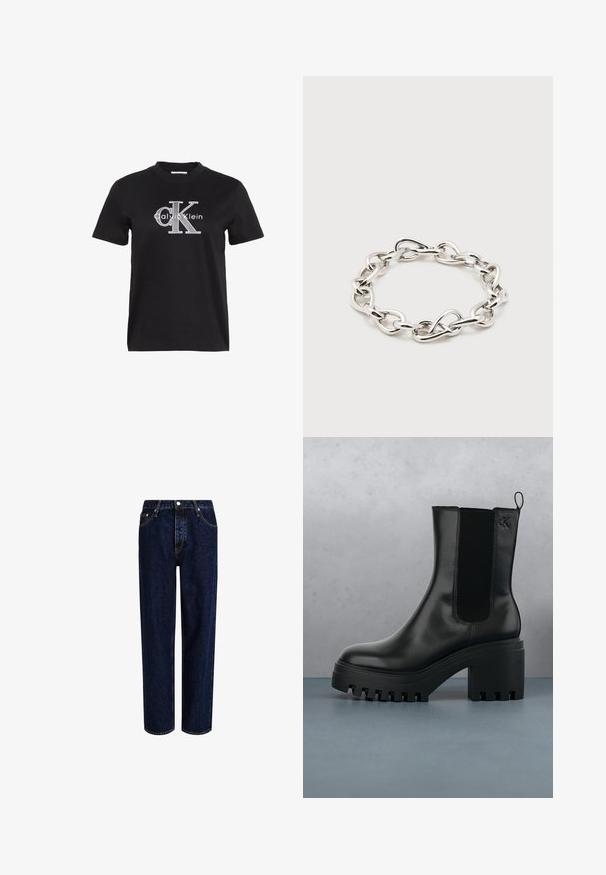 Sort T-shirt med korte ærmer og hvidt "Calvin Klein"-logo med store stiliserede bogstaver "cK" midt på forsiden.; Mørkeblå denim jeans med lige ben-design, der har høj talje, fem-lomme-stil og kontrastsyninger. Ingen dekorationer.; Sort læder ankelstøvle med rund tå, kraftig platformssål og mesh-sidede accenter. Har en trækflig for nem påtagning.; Sølvfarvet chunky kædearmbånd med uregelmæssige ovale led arrangeret i en cirkulær form på en ens hvid baggrund.