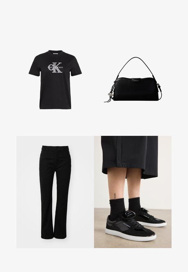 Camiseta negra de manga corta con logo blanco "Calvin Klein" que presenta grandes letras estilizadas "cK" en el centro delantero.; Pantalones de algodón negros con un diseño de pierna recta, que presentan un cierre frontal con botón, cinturas para cinturón y dos bolsillos laterales. Textura suave.; Zapatillas negras con materiales de ante y charol, con una suela blanca, diseño de cordones y un acento de lengua de marca.; Bolso rectangular negro de Calvin Klein con una única correa superior, dije con el logo plateado y un pequeño cierre de solapa en la parte frontal.