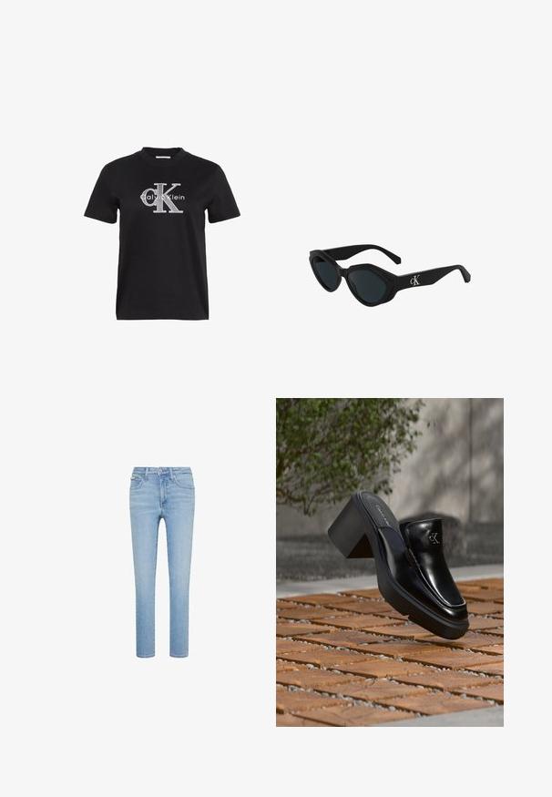 Camiseta negra de manga corta con logo blanco "Calvin Klein" que presenta grandes letras estilizadas "cK" en el centro delantero.; Vaqueros de mezclilla azul claro, corte recto, estilo de cinco bolsillos, con cierre frontal de botón y cremallera, con sutiles detalles de desgaste y costuras.; Mule tipo slip-on de cuero negro de Calvin Klein con tacón de bloque descansando sobre baldosas de madera al aire libre cerca de una planta verde y una pared gris.; Gafas de sol negras con forma de ojo de gato, acabado brillante, lentes oscuros y un logo "cK" en la patilla. Diseño angular y montura gruesa.