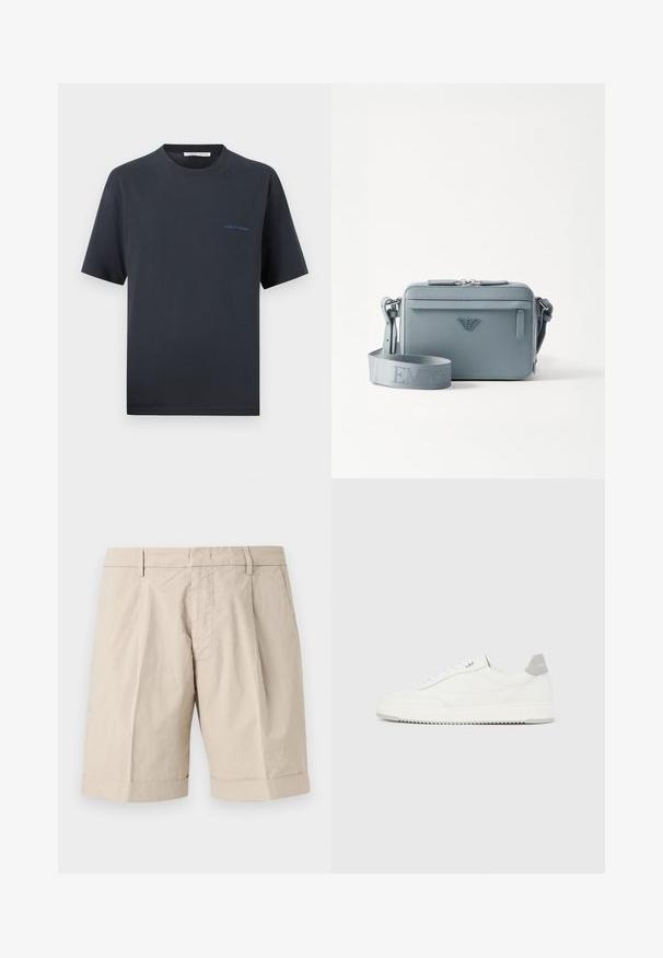 T-shirt noir à manches courtes avec col rond, avec un petit logo bleu "Tiger of Sweden" sur la poitrine gauche, sur un fond uni.; Shorts beige jusqu'au genou avec passants de ceinture, poches latérales, plis sur le devant et ourlet retroussé.; Baskets basses blanches avec un onglet de talon gris, des lacets blancs et une semelle texturée, présentées sur un fond uni clair.; Sac à bandoulière structuré bleu en matériau texturé, avec une fermeture éclair, une poche avant et une sangle réglable arborant le logo "EMPOR".