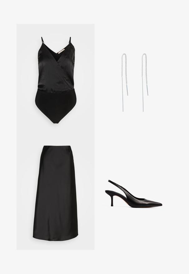 Anna Field by Zalando Top - black; Schwarzer Satin-Midi-Rock mit glatter Textur, A-Linien-Form und dezentem Glanz. Verfügt über ein elegantes, unkompliziertes Design ohne Verzierungen.; NA-KD Pumps - black; Silberne Ohrstecker mit verlängertem Design, featuring eine zarte Kette und gerade, dünne Anhänger an den Enden. Glatte Textur.