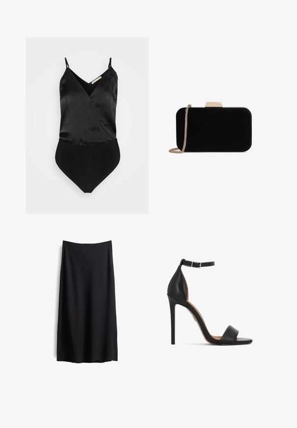 Anna Field by Zalando Top - black; Schwarze knielange Rock mit einer glatten, matten Textur. Verfügt über eine schlichte Silhouette und dezente Seitenschlitze für Bewegungsfreiheit.; Schwarzer Leder-Sandalette mit hohem Absatz, schmalem Knöchelriemen, offenem Zehendesign und elegantem Stiletto-Absatz. Glatte Textur mit minimalen Akzenten.; Schwarze Samt-Clutch mit goldfarbener Hardware, rechteckiger Form und Kettenriemen, mit glatter Textur und ohne sichtbare Muster.