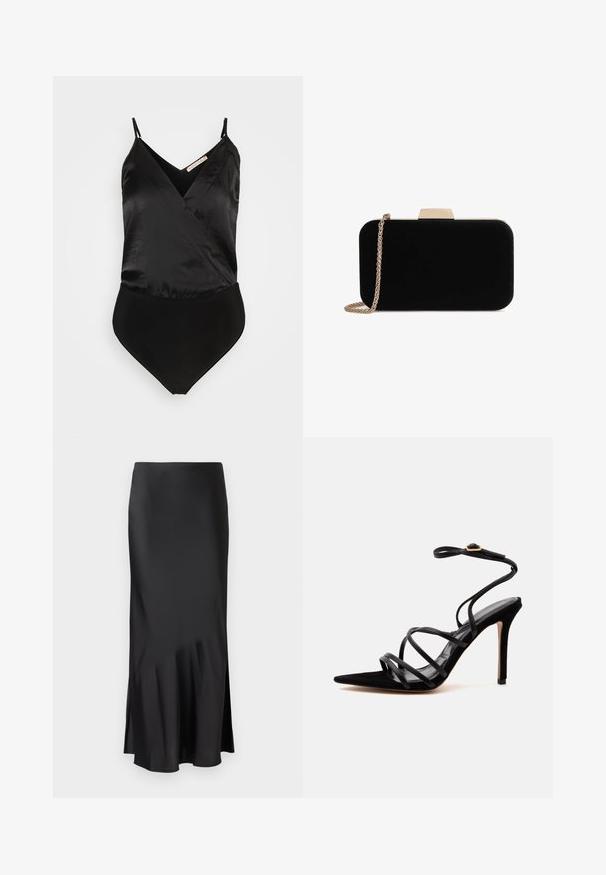 Anna Field by Zalando Top - black; Sort satin midi-skirt med et elegant design, der har en let flared kant og en sideslids for nem bevægelse. Glat tekstur.; Sort højhælet sandal med spids tå, tynde krydsede stropper og en ankelrem med en guldbuket på en ensartet lys baggrund.; Sort velour clutch med guldfarvede detaljer, rektangulær form og kædestrop, der har en glat tekstur og ingen synlige mønstre.