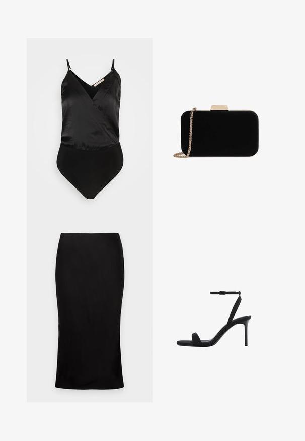 Anna Field Top - black; Sort, tætsiddende midi-nederdel med en glat tekstur, detaljer med sideslids og en klassisk talje. Designet til en elegant silhuet.; Sort højhælet sandal med tynd ankelrem og åben tå, der har en slank stiletthæl og et minimalistisk design.; Sort velour clutch med guldfarvede detaljer, rektangulær form og kædestrop, der har en glat tekstur og ingen synlige mønstre.