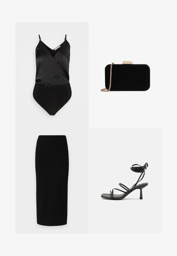 Anna Field by Zalando Top - black; Sort strik-midi-nederdel med en tætsiddende silhuet, der har en bred elastisk talje og en glat tekstur, uden mærkbare mønstre eller accenter.; Sort strappy sandal med firkantet tå, justerbare ankelbind og en slank, blokhæl. Fremstillet af et glat, holdbart materiale.; Sort velour clutch med guldfarvede detaljer, rektangulær form og kædestrop, der har en glat tekstur og ingen synlige mønstre.