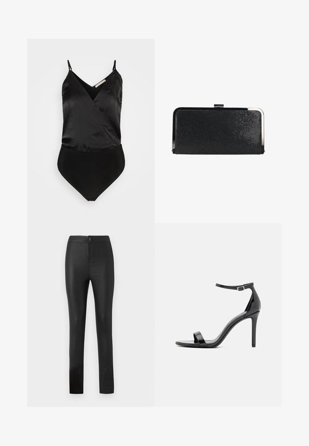 Anna Field Topp - black; Mustad mustad leggings, mis on valmistatud elastsemast ja siledast materjalist ning millel on napilt istuv disain, esipaneelil nööp ja tõmblukk, ning sirged sääred.; Must mustast nahk jalanõud kõrge kontsaga sandaalid, kitsas pahkluustrapp, avatud varvas, minimalistlik disain ja sile, läikiv viimistlus.; Must tekstuuriga ristkülikukujuline käekott hõbedase metallraami ja klambri kinnitusega valgel taustal.